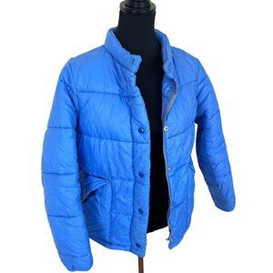 Vtg Blue Quilted Puffer Jacket Snap Buttons Pockets Sears Large Womens Coat 80s